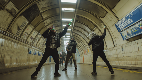 starmer punk inglesi che spaccano bottiglie di birra in un tunnel della metropolitana